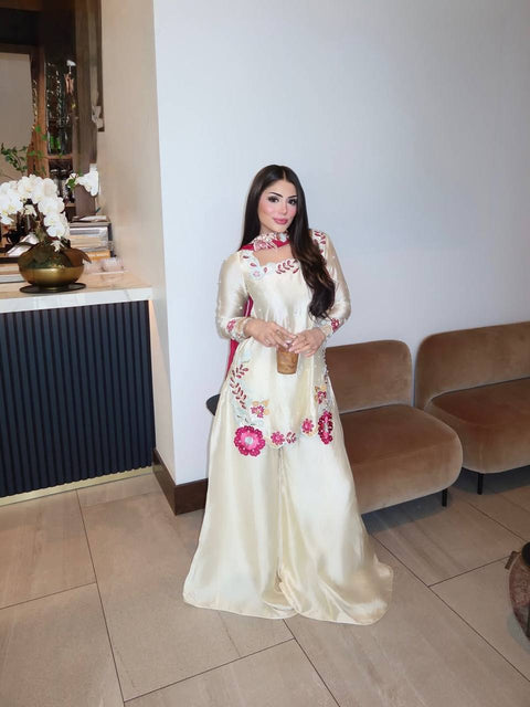 Designer Embroidered Roman Silk Sharara Set with Dupatta