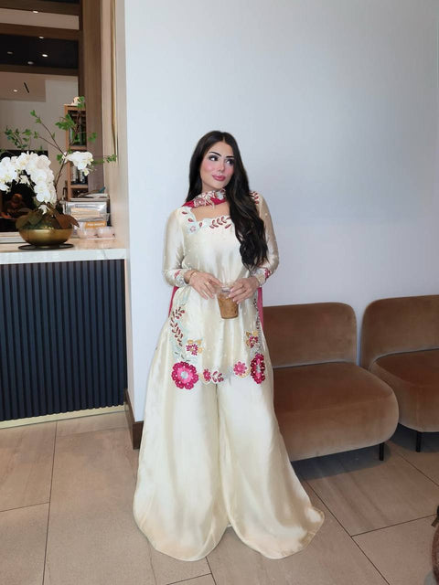 Designer Embroidered Roman Silk Sharara Set with Dupatta