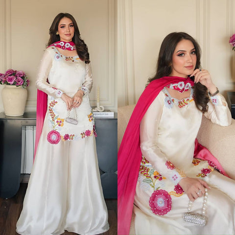 Designer Embroidered Roman Silk Sharara Set with Dupatta