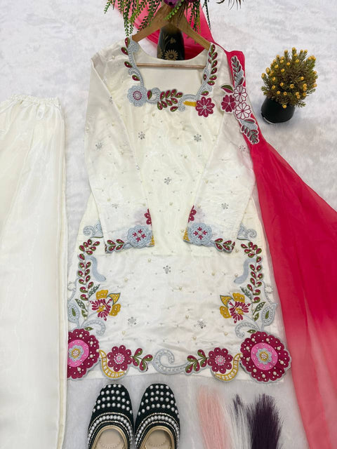 Designer Embroidered Roman Silk Sharara Set with Dupatta