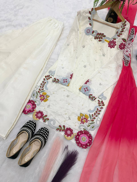 Designer Embroidered Roman Silk Sharara Set with Dupatta