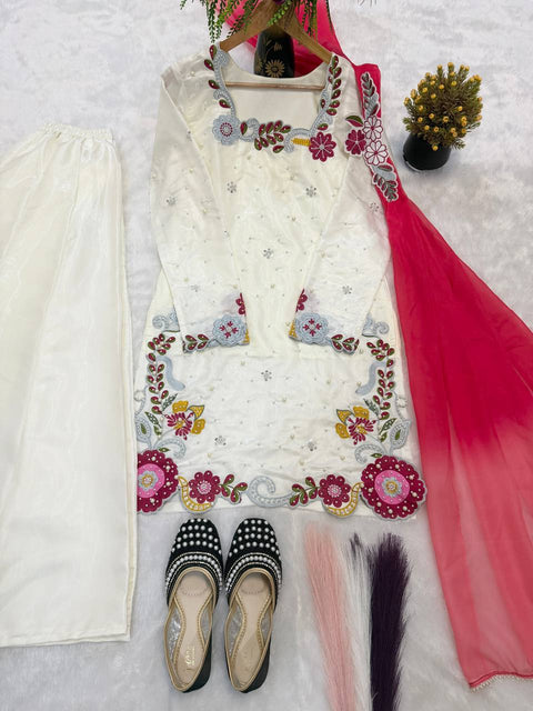 Designer Embroidered Roman Silk Sharara Set with Dupatta