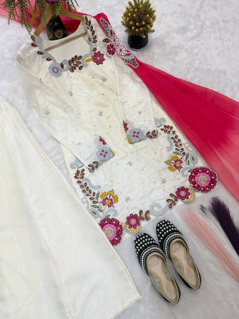 Designer Embroidered Roman Silk Sharara Set with Dupatta