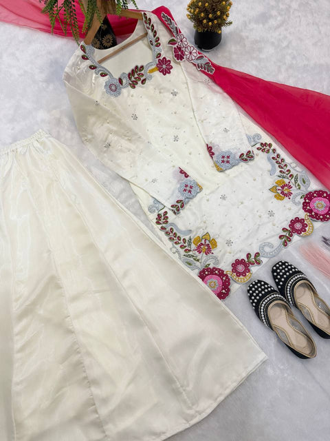 Designer Embroidered Roman Silk Sharara Set with Dupatta