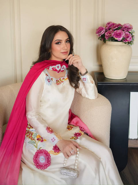 Designer Embroidered Roman Silk Sharara Set with Dupatta
