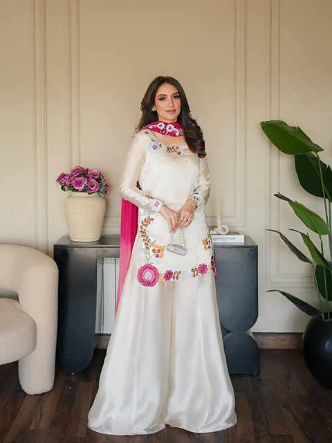 Designer Embroidered Roman Silk Sharara Set with Dupatta