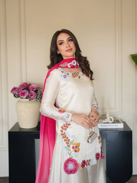 Designer Embroidered Roman Silk Sharara Set with Dupatta