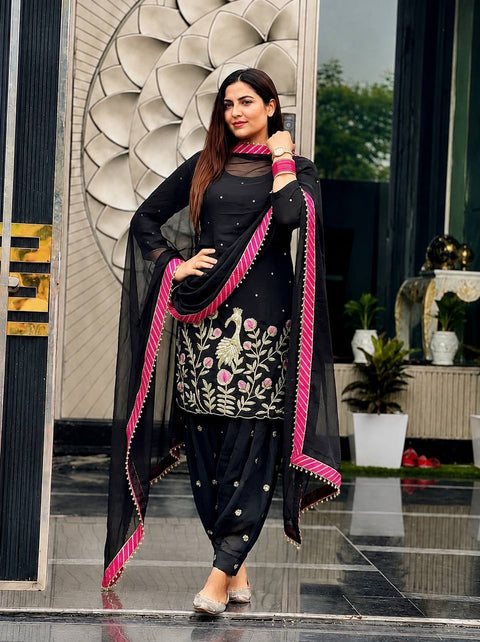 Embroidered Georgette Kurti with Patiala Dhoti & Dupatta Set
