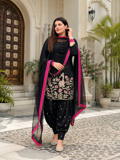 Embroidered Georgette Kurti with Patiala Dhoti & Dupatta Set