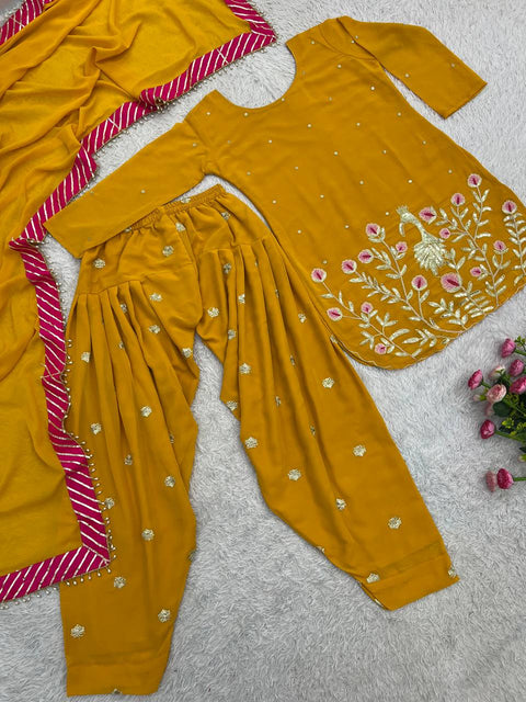 Embroidered Georgette Kurti with Patiala Dhoti & Dupatta Set