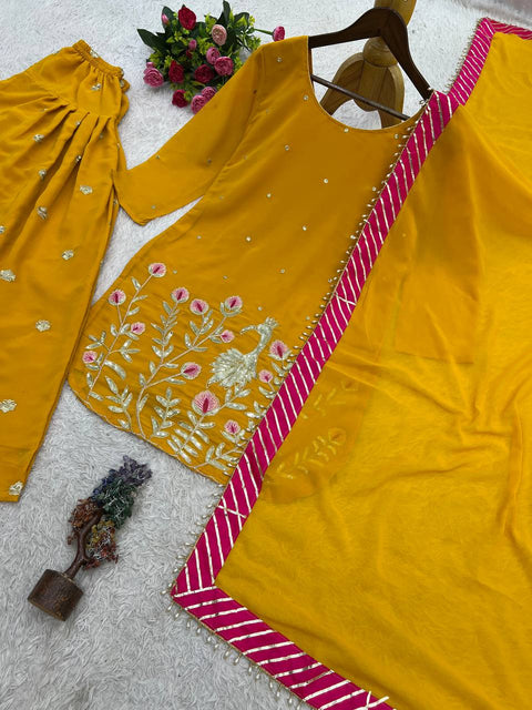 Embroidered Georgette Kurti with Patiala Dhoti & Dupatta Set