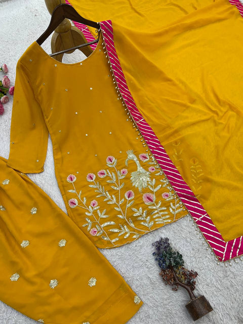Embroidered Georgette Kurti with Patiala Dhoti & Dupatta Set