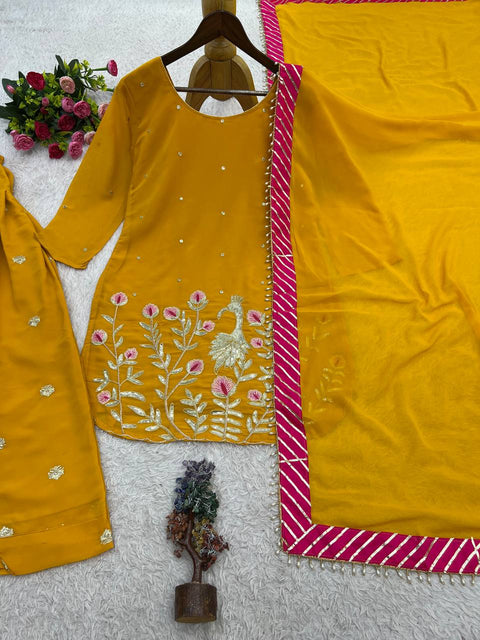 Embroidered Georgette Kurti with Patiala Dhoti & Dupatta Set