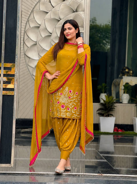 Embroidered Georgette Kurti with Patiala Dhoti & Dupatta Set