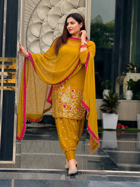 Embroidered Georgette Kurti with Patiala Dhoti & Dupatta Set