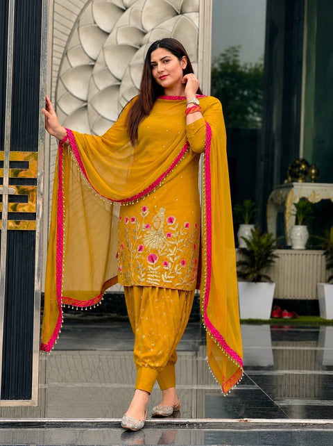 Embroidered Georgette Kurti with Patiala Dhoti & Dupatta Set