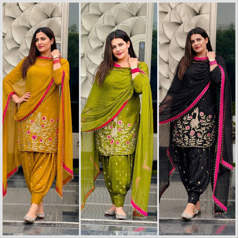 Embroidered Georgette Kurti with Patiala Dhoti & Dupatta Set