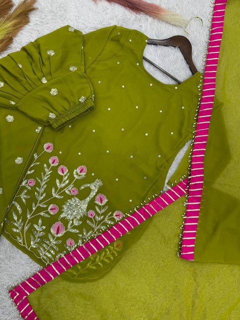 Embroidered Georgette Kurti with Patiala Dhoti & Dupatta Set