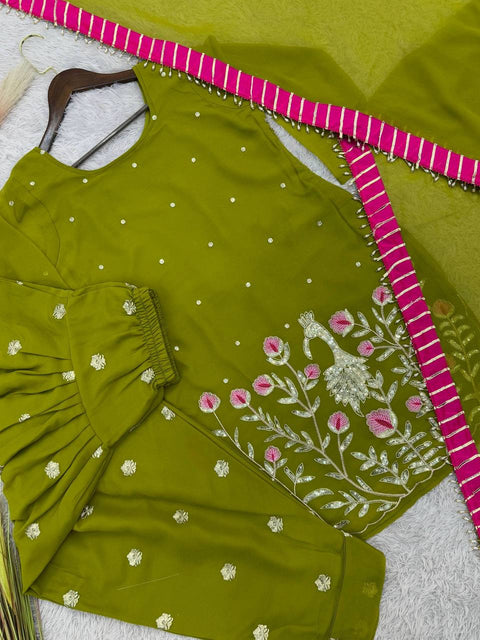 Embroidered Georgette Kurti with Patiala Dhoti & Dupatta Set