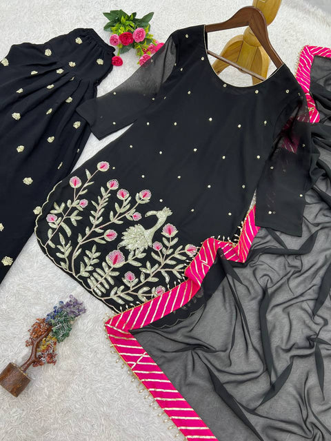 Embroidered Georgette Kurti with Patiala Dhoti & Dupatta Set