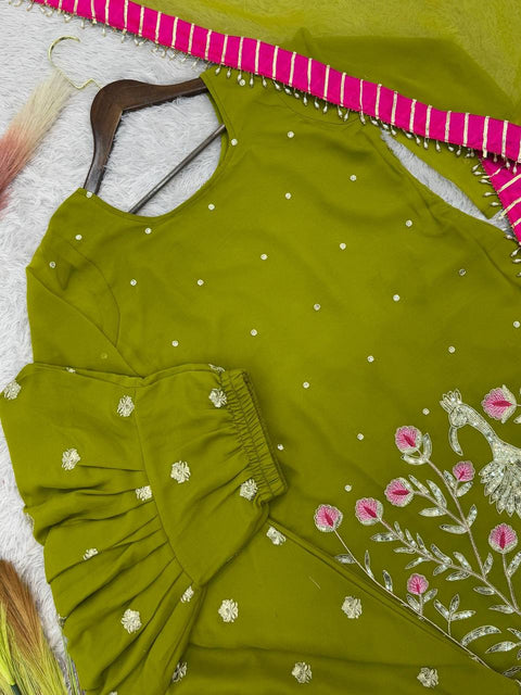 Embroidered Georgette Kurti with Patiala Dhoti & Dupatta Set