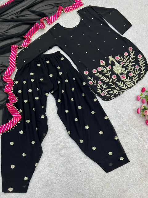 Embroidered Georgette Kurti with Patiala Dhoti & Dupatta Set