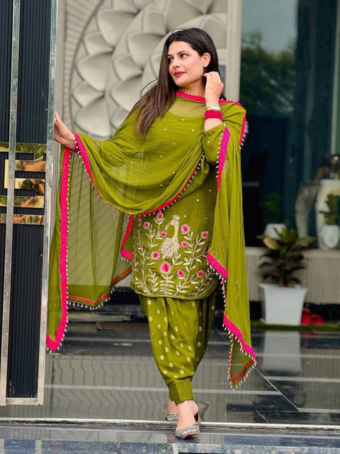 Embroidered Georgette Kurti with Patiala Dhoti & Dupatta Set