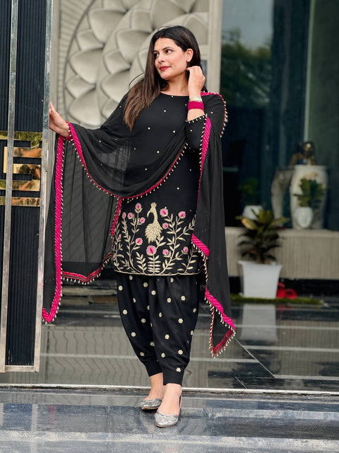 Embroidered Georgette Kurti with Patiala Dhoti & Dupatta Set