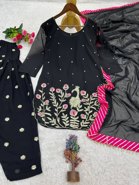 Embroidered Georgette Kurti with Patiala Dhoti & Dupatta Set