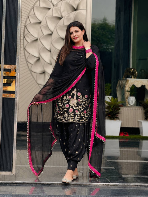 Embroidered Georgette Kurti with Patiala Dhoti & Dupatta Set