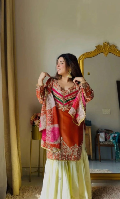 Women's Embroidered Viscose Satin Suit Set with Palazzo