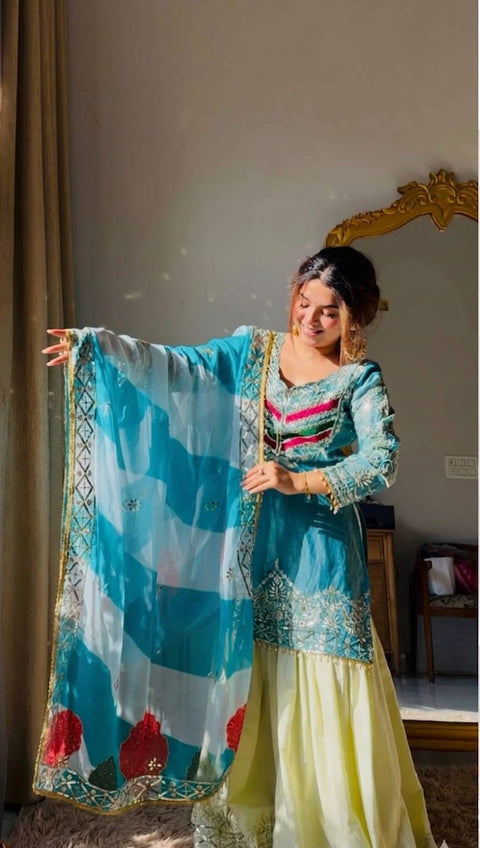Women's Embroidered Viscose Satin Suit Set with Palazzo