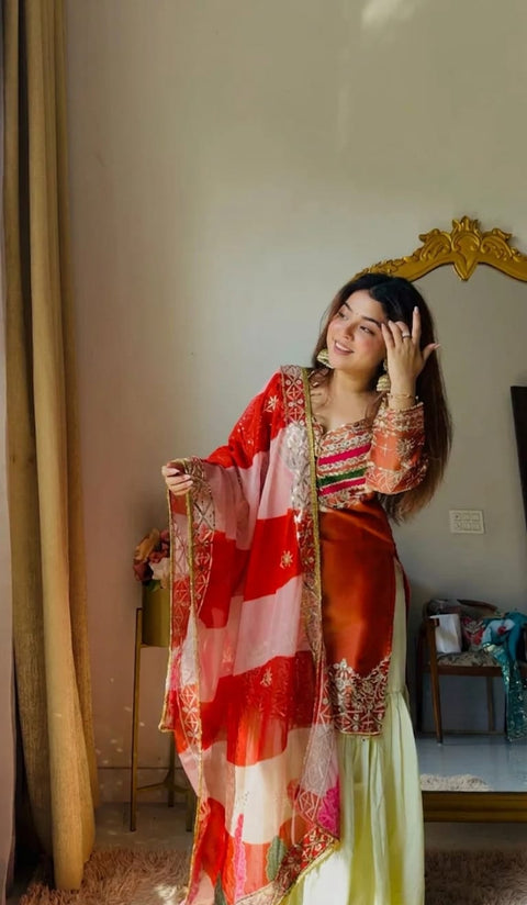 Women's Embroidered Viscose Satin Suit Set with Palazzo