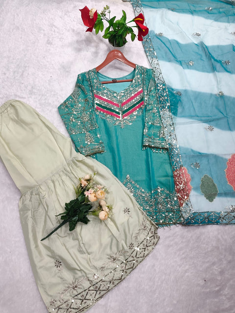 Women's Embroidered Viscose Satin Suit Set with Palazzo
