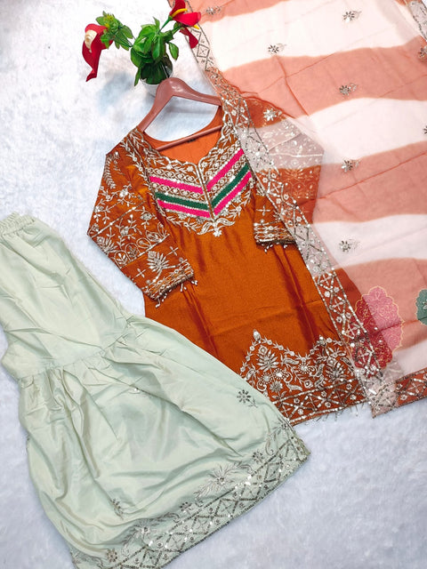 Women's Embroidered Viscose Satin Suit Set with Palazzo