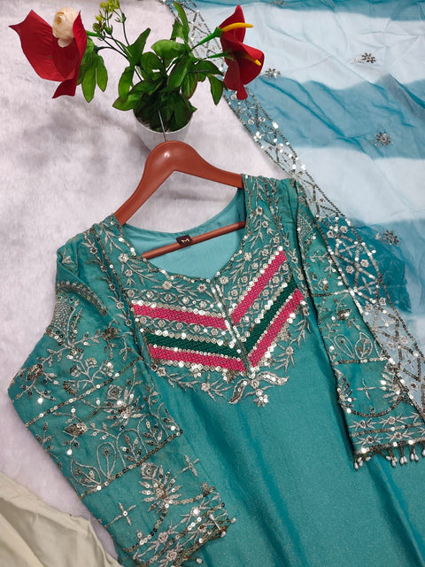 Women's Embroidered Viscose Satin Suit Set with Palazzo