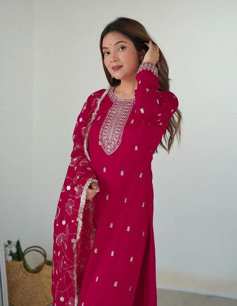 Embroidered Georgette Kurta Pant & Dupatta Set