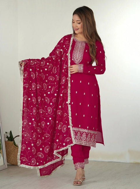 Embroidered Georgette Kurta Pant & Dupatta Set