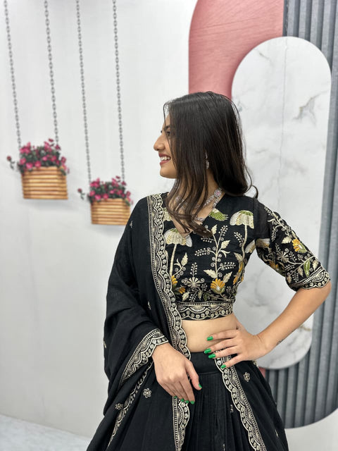 Embroidered Vichitra Silk Lehenga Set