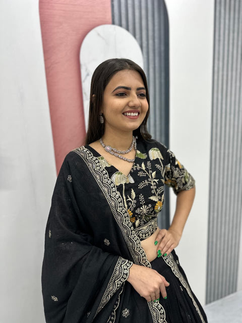 Embroidered Vichitra Silk Lehenga Set