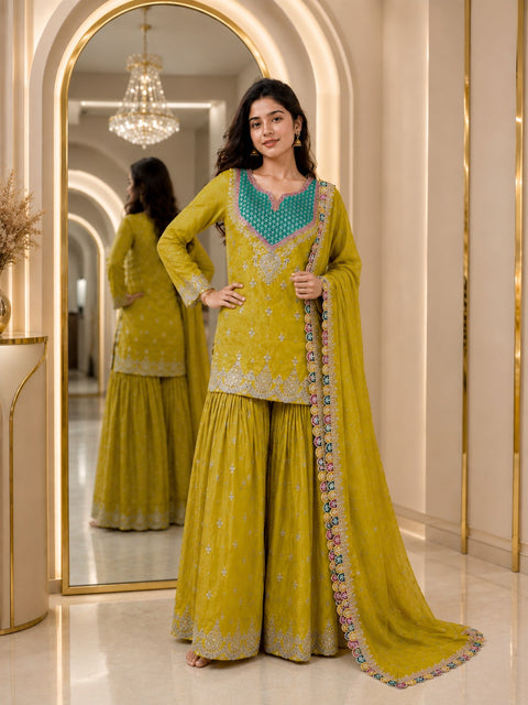 Premium Chinon Embroidered Readymade Party Wear Suit with Palazzo & Dupatta