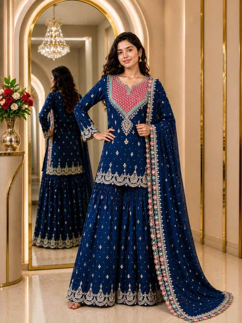 Premium Chinon Embroidered Readymade Party Wear Suit with Palazzo & Dupatta