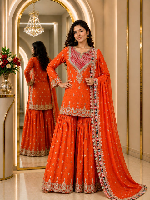 Premium Chinon Embroidered Readymade Party Wear Suit with Palazzo & Dupatta