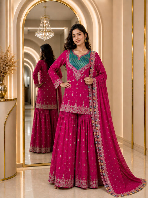 Premium Chinon Embroidered Readymade Party Wear Suit with Palazzo & Dupatta