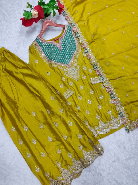 Premium Chinon Embroidered Readymade Party Wear Suit with Palazzo & Dupatta