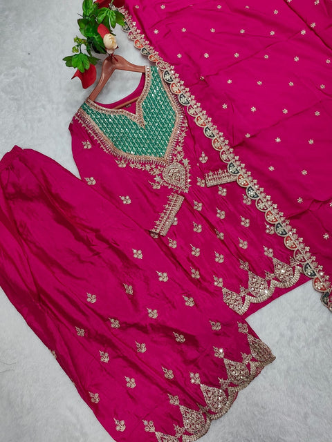 Premium Chinon Embroidered Readymade Party Wear Suit with Palazzo & Dupatta