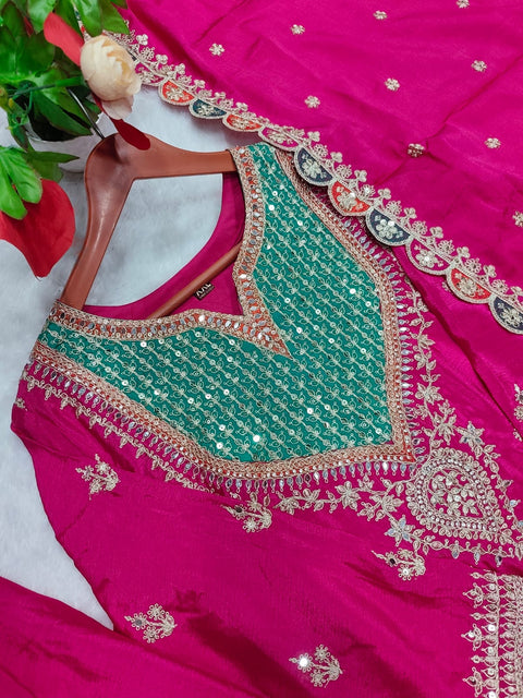 Premium Chinon Embroidered Readymade Party Wear Suit with Palazzo & Dupatta