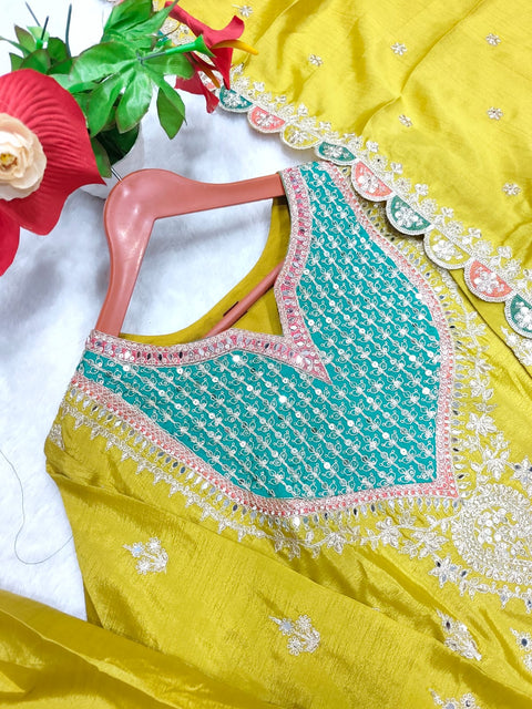 Premium Chinon Embroidered Readymade Party Wear Suit with Palazzo & Dupatta