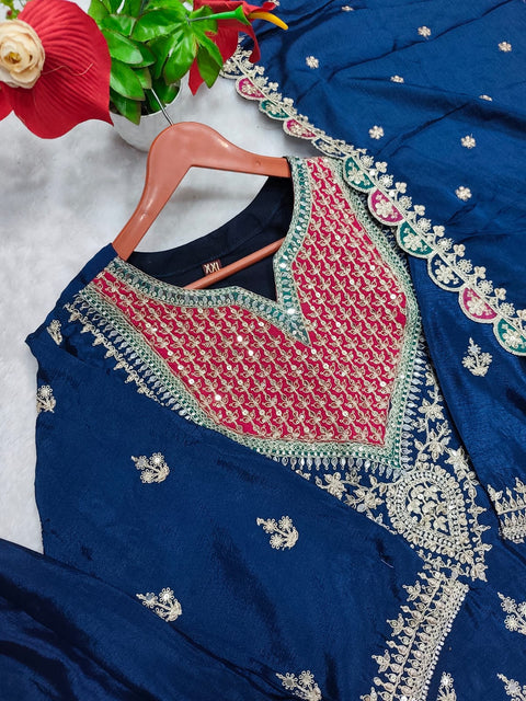 Premium Chinon Embroidered Readymade Party Wear Suit with Palazzo & Dupatta