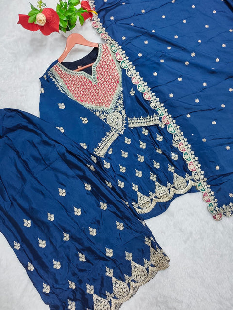 Premium Chinon Embroidered Readymade Party Wear Suit with Palazzo & Dupatta